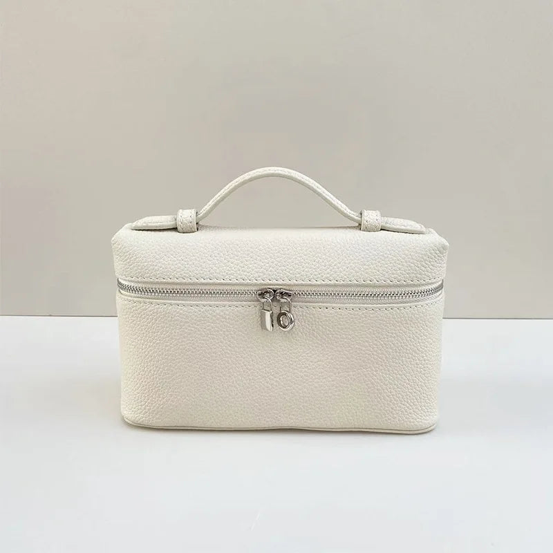 Lunch box bag, genuine leather women's bag, one shoulder crossbody handbag, lychee patterned makeup bag