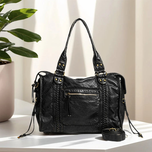 Leather Retro Shoulder Bag for Women with Pockets Shoulder Handbag Top Handle Bag Shopper Bag for Work Travel