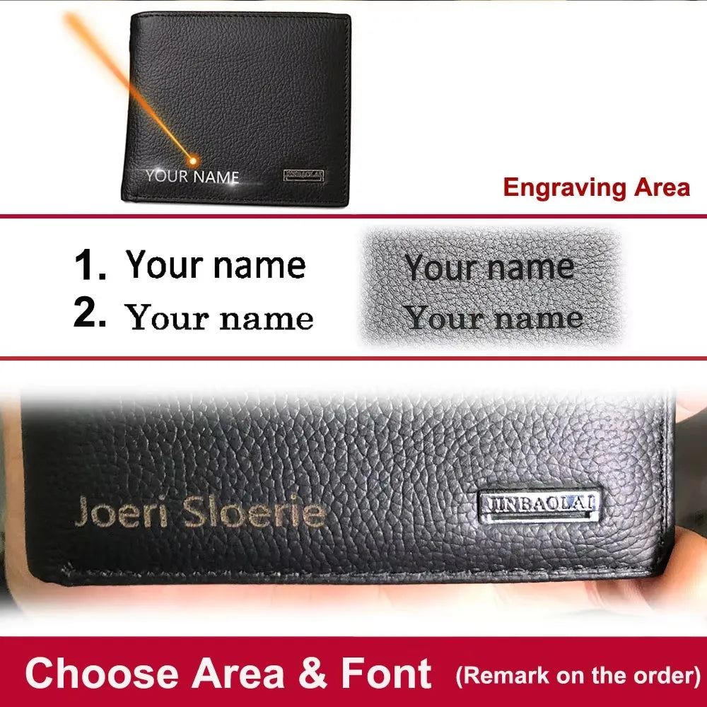 Retro Genuine Leather Men's Short Wallet with Name Engraving Card Holder Simple Zipper Coin Pocket Money Clip Male Purses