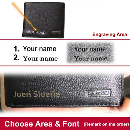 Retro Genuine Leather Men's Short Wallet with Name Engraving Card Holder Simple Zipper Coin Pocket Money Clip Male Purses