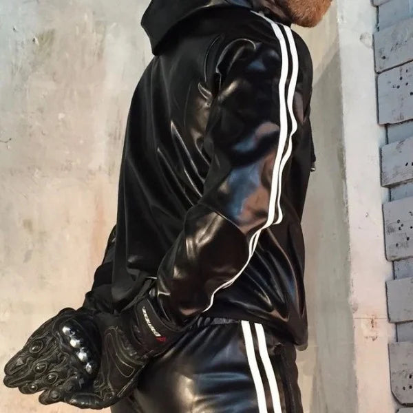 Men's  Leather Gloss Jacke Jacket Hoodie Jogging Suit Sportswear