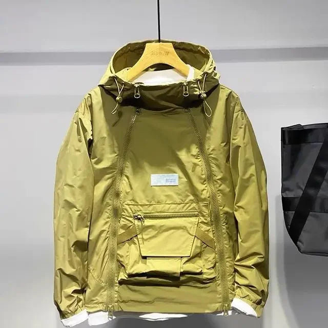New Luxury Spring Autumn Men's Jacket Fashion Double Zip Hooded Outdoor Jacket Black Coat Pocket Sportswear