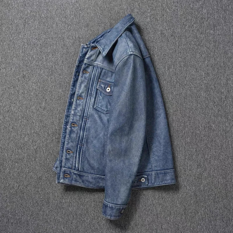 2023 New Leather Jacket Men's Single-Breasted Denim Blue Retro Old Motorcycle Leather Jacket Slim-Fit Lapel Coat