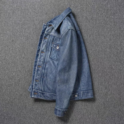 2023 New Leather Jacket Men's Single-Breasted Denim Blue Retro Old Motorcycle Leather Jacket Slim-Fit Lapel Coat