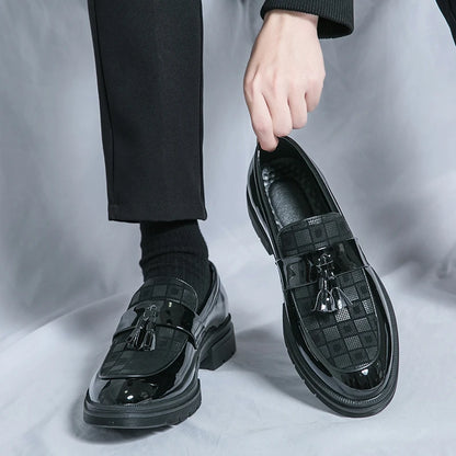 Trend Leather Shoes Men's Patent Leather Tasseled Loafers  Business Dress Wedding Casual Shoes Non-slip Thick Soled Shoes 38-46