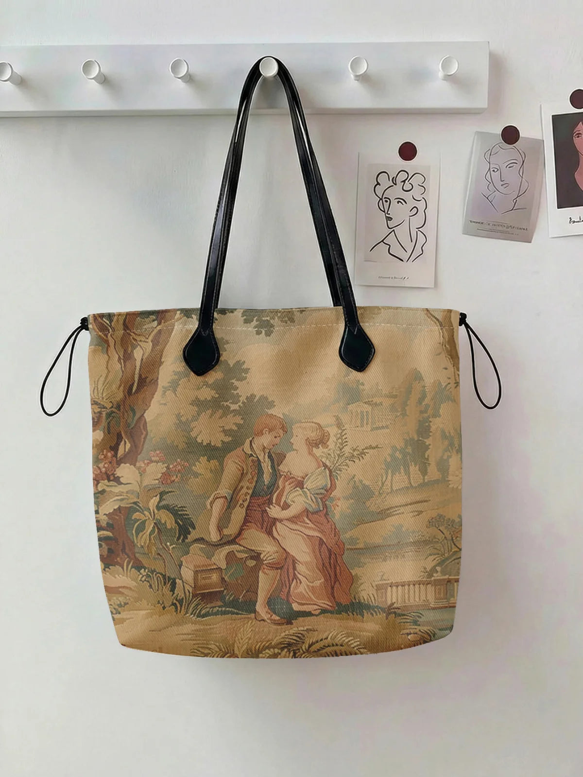 Printed handbag for women, large capacity leather handle shopping bag, casual shoulder bag