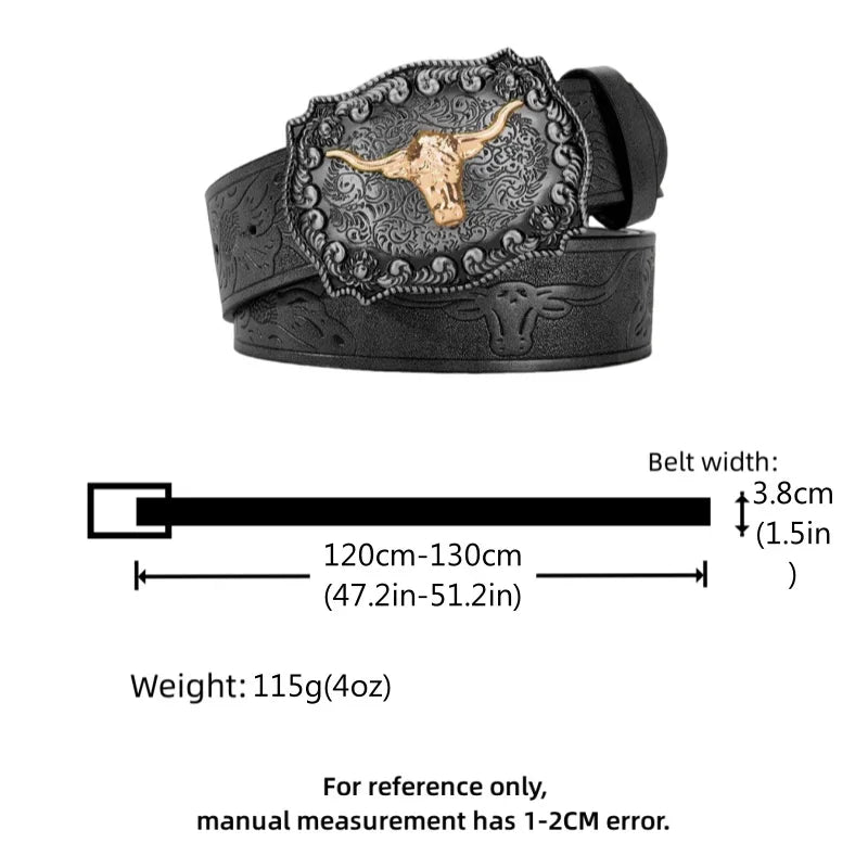 Men Western Cowboy Belt, Black Faux Leather with Embossed Pattern, Stylish Alloy Buckle, Cool Fashion Waist Belt for Daily Wear