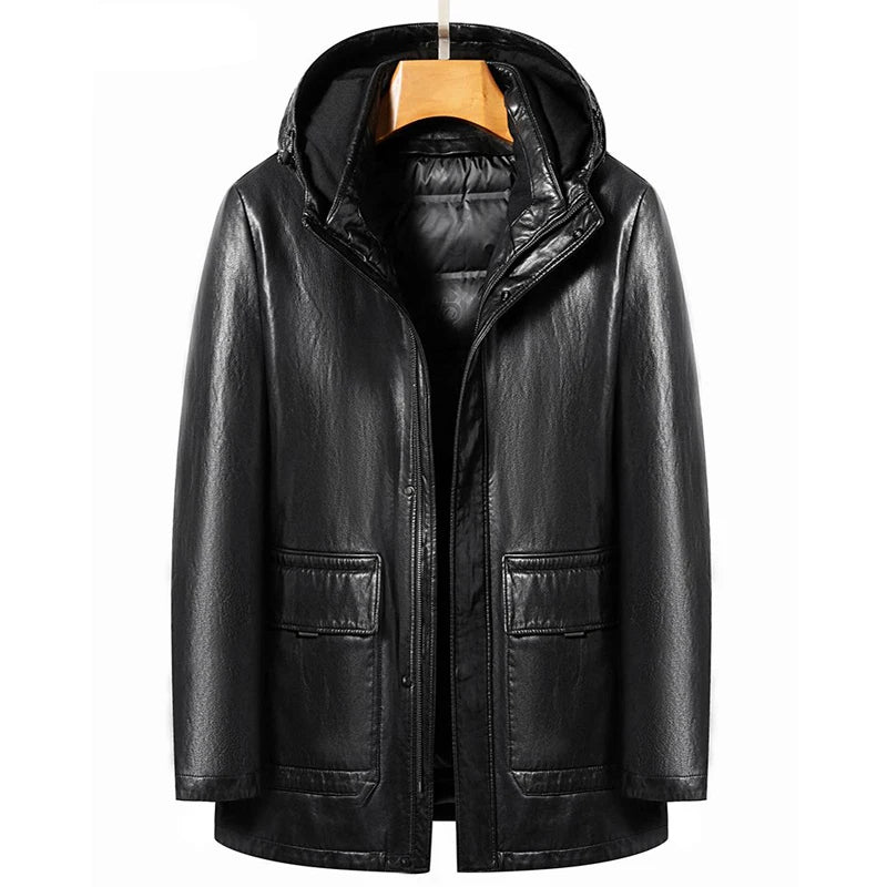 Men's Genuine Leather Jacket Hooded Down Jacket Coat Man Sheepskin Coat Windbreaker Male Winter Puffer Jacket Men Duck Down Coat