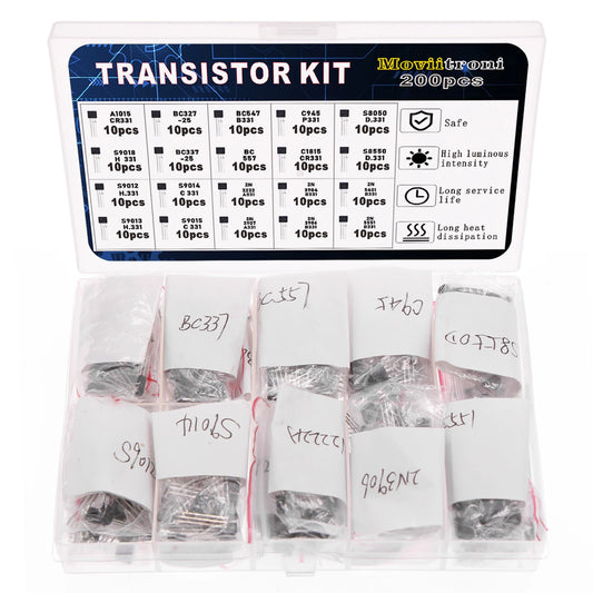 200pcs  BJT Transistor Kit Bipolar Power Transistors A1015 BC327 BC337 C1815 S8050 S8850 2N2222 2N2907 2N3904 2N3906 PNP NPN