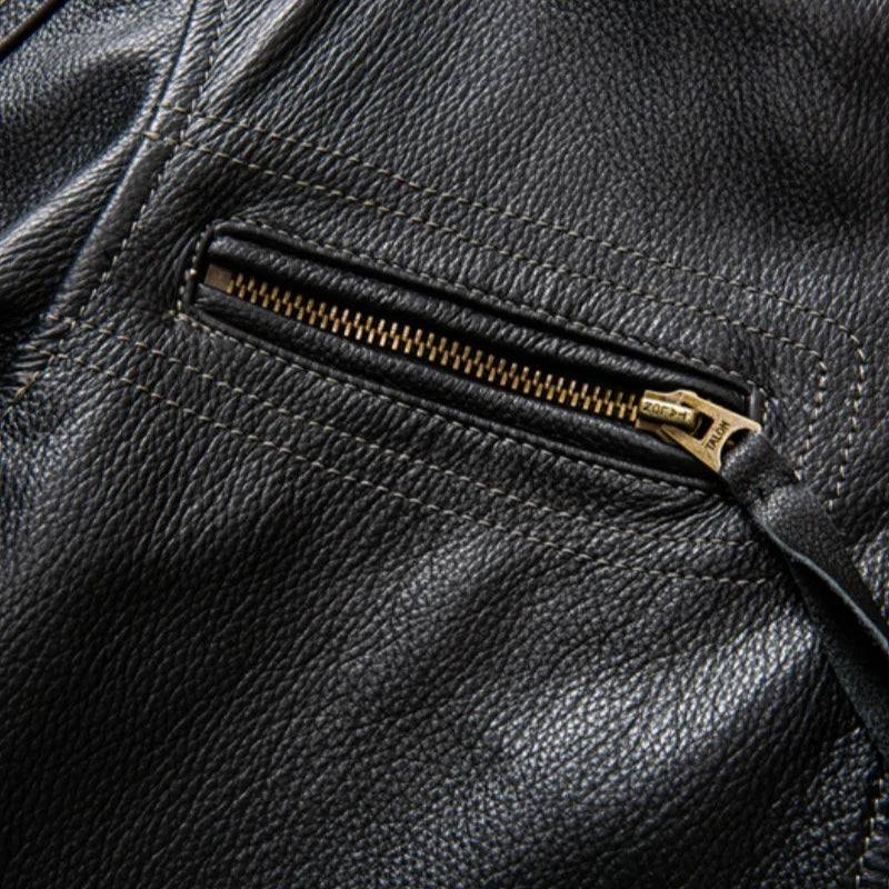 Black Winter Leather Jacket Men Motorcycle Style Plus Size 6XL Genuine Natural Cowhide Stand Collar Add Protection Device Coat