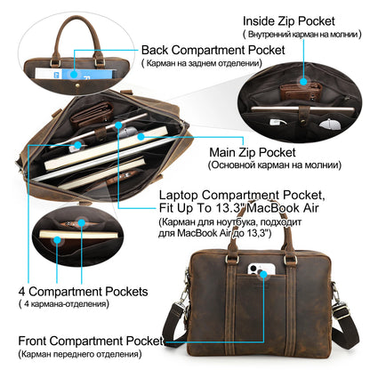 Genuine Crazy Horse  Leather Men Laptop Bags Business Men's Briefcase Male Shoulder Tote Handbag Casual Crossbody Bag