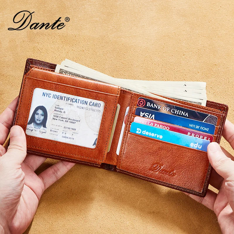 Dante 2023 Men's Leather Wallets RFID Anti-theft Brush Short Clips 100% Head Layer Cowhide Retro Casual Vertical Purse Money Bag