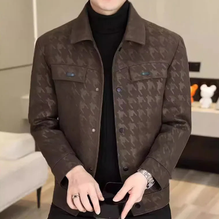 New Fashion Men Houndstooth Leather Jackets Male Spring Autumn Slim Casual Leather Coats Good Quality Man Leather Jackets 5XL
