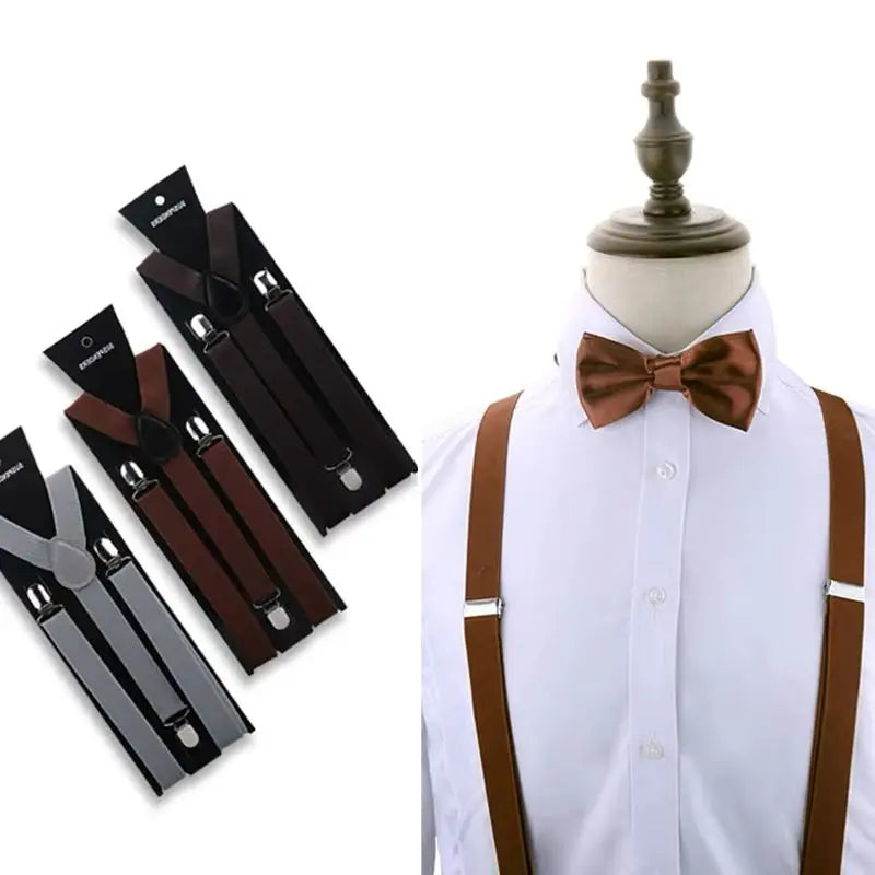 Suspenders Man Bowtie Solid Color Elastic PU Leather Suspenders For Man Belt Adjustable Straps For Wedding Bow Tie Accessories