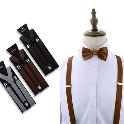 Suspenders Man Bowtie Solid Color Elastic PU Leather Suspenders For Man Belt Adjustable Straps For Wedding Bow Tie Accessories