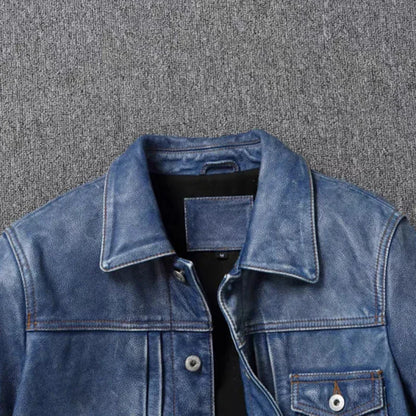 2023 New Leather Jacket Men's Single-Breasted Denim Blue Retro Old Motorcycle Leather Jacket Slim-Fit Lapel Coat