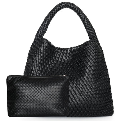 Woven Tote Bag for Women Large Woven Handbag Soft Leather Shoulder Bag Work Shopper Summer Beach Travel Tote Bag with Purse