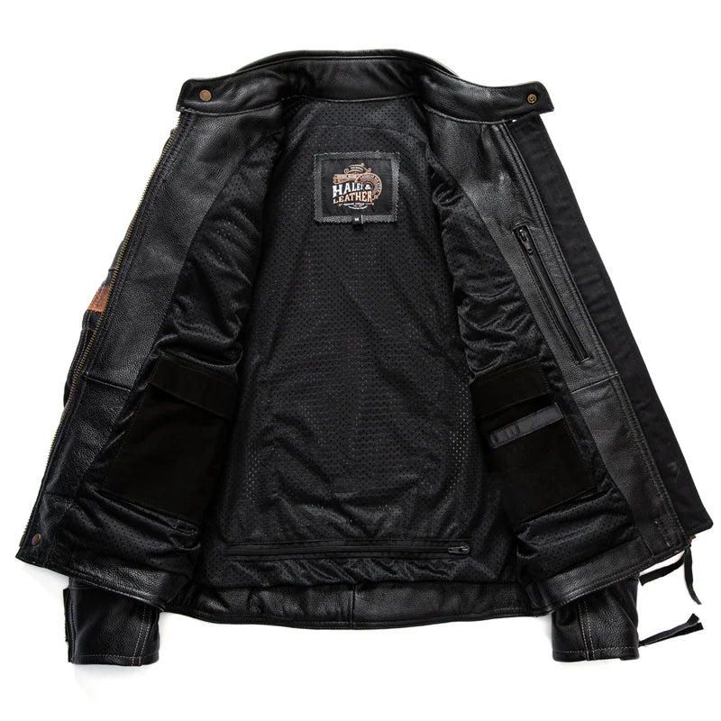 Black Winter Leather Jacket Men Motorcycle Style Plus Size 6XL Genuine Natural Cowhide Stand Collar Add Protection Device Coat