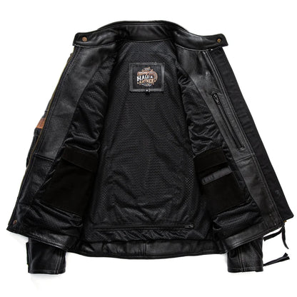 Black Winter Leather Jacket Men Motorcycle Style Plus Size 6XL Genuine Natural Cowhide Stand Collar Add Protection Device Coat