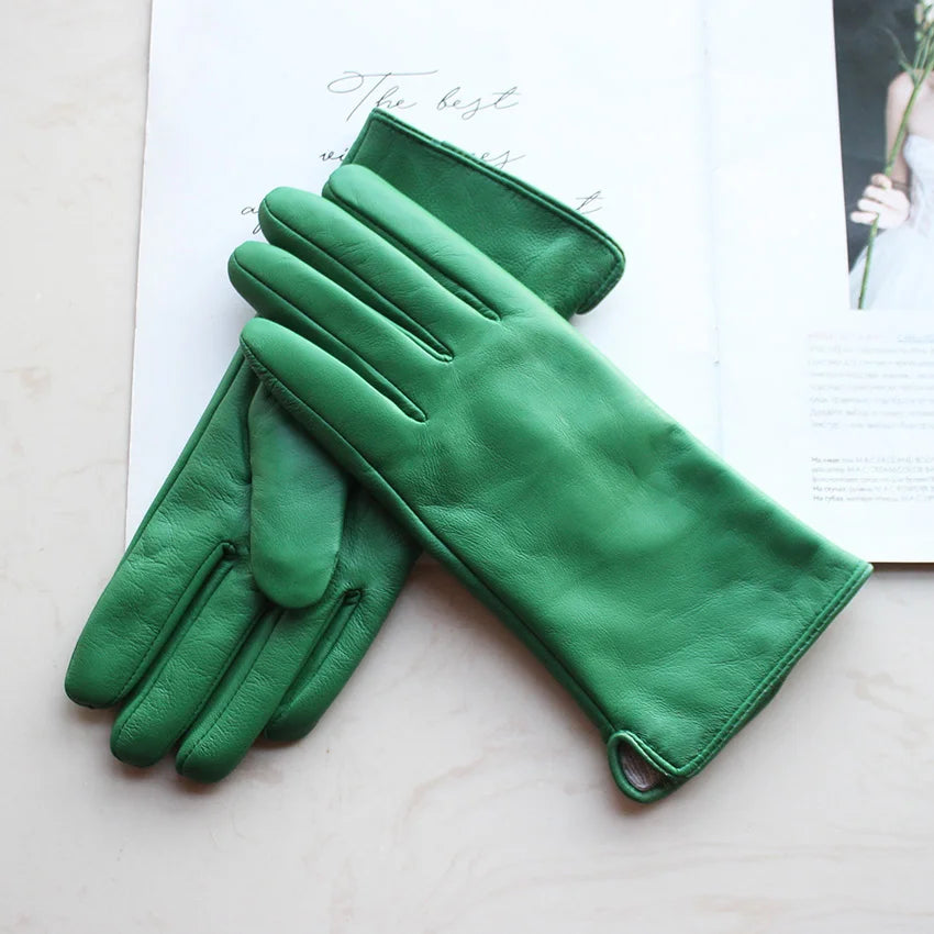 Leather Sheepskin Gloves Women's Autumn Warm Fleece Lining Color Fashion Thin Outdoor Activities Electric Bike Riding Driving