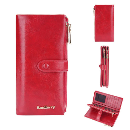 Oil Wax Leather Women's Long Wallet With Double Zipper Buckle Large Capacity Clutch Bag Multi-Card Holder