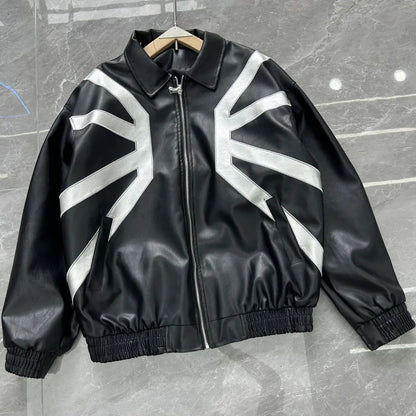 Cool Stylish High Street Heavy-duty Jackets for Men Silhouette Embroidered Contrast Color Patchwork Leather Racing Jacket