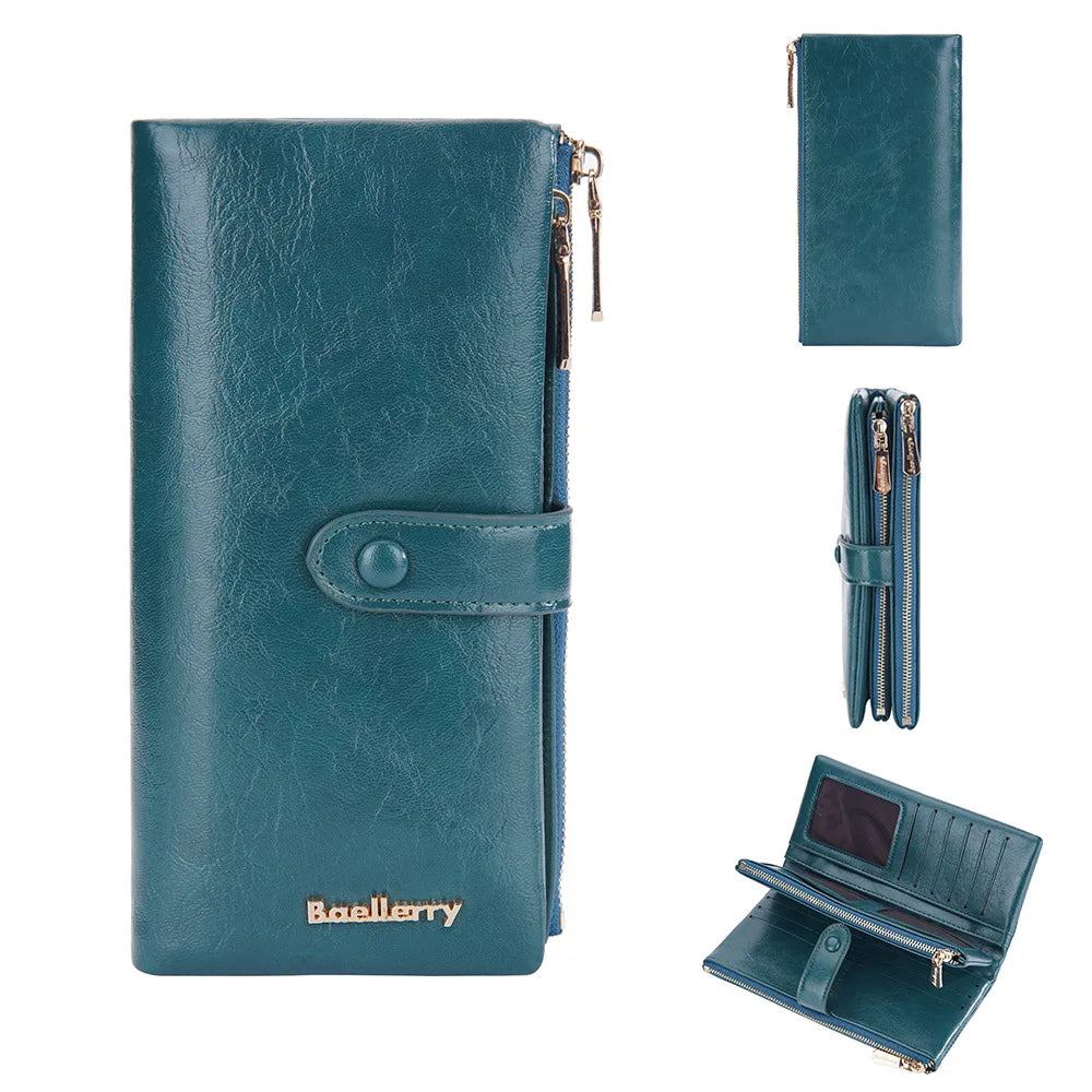 Oil Wax Leather Women's Long Wallet With Double Zipper Buckle Large Capacity Clutch Bag Multi-Card Holder