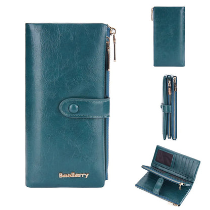 Oil Wax Leather Women's Long Wallet With Double Zipper Buckle Large Capacity Clutch Bag Multi-Card Holder