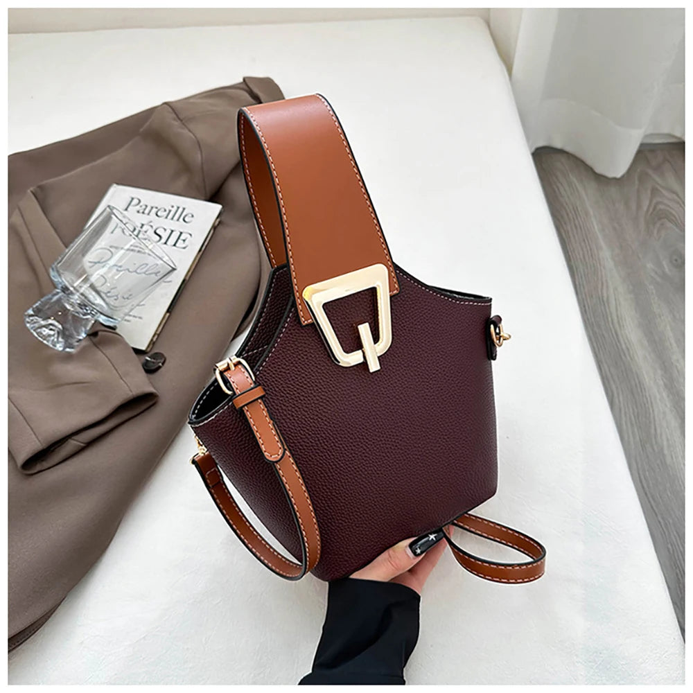 Luxury Bucket Handbags for Women Casual Contrast Color Small Basket Bag Single Shoulder Bags Lychee Pattern Leather Shoulder Bag