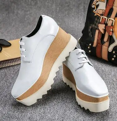 Luxury design thick-soled women's sports shoes fashion star real leather women's casual shoes runway wooden sole women's shoes