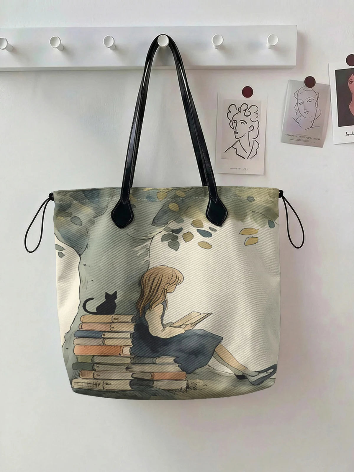 Printed handbag for women, large capacity leather handle shopping bag, casual shoulder bag