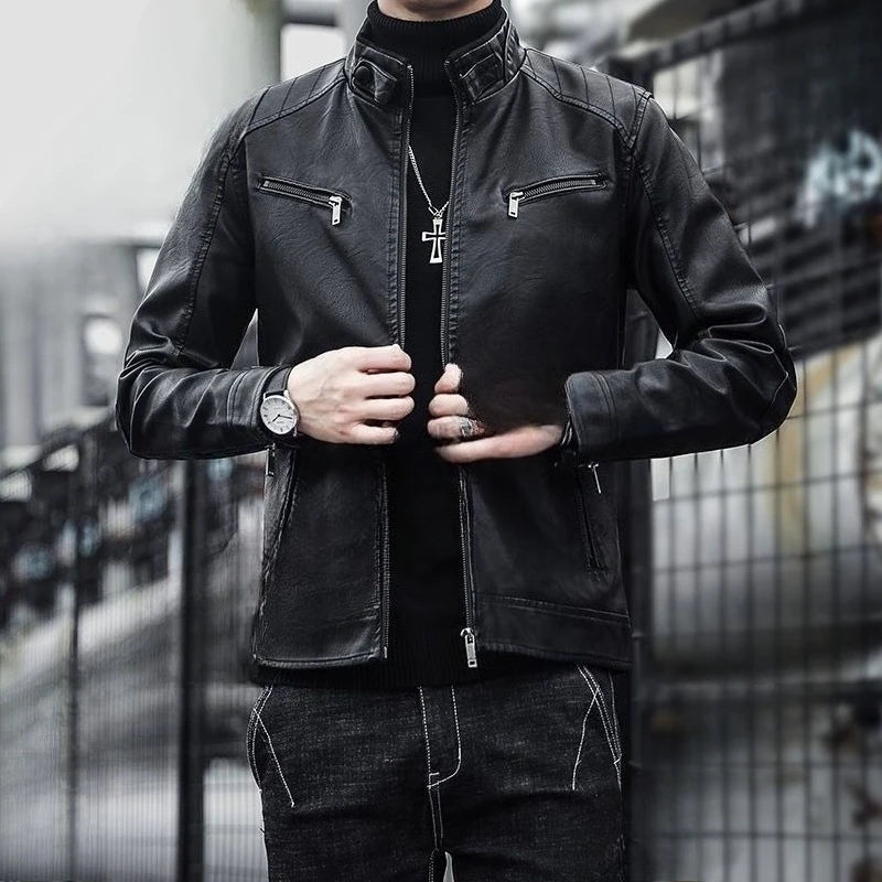 2026 New Leather Jacket Men's Spring and Autumn Thin Handsome Motorcycle Leather Jacket