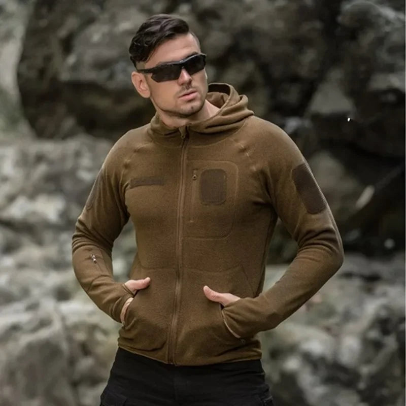 Men's Tactical Training Fleece Jacket Outdoor Cardigan Hooded Sweater Camping Hiking Fishing Hunting Coat Sport Clothes Spring