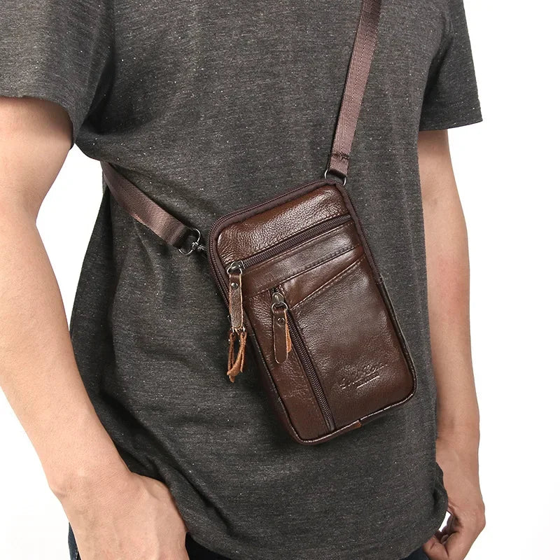 Leather Waist Bag Men's Mobile Phone Bag Wearing Belt Outdoor Sport One Shoulder Small Bag Doing Business Crossbody Bags
