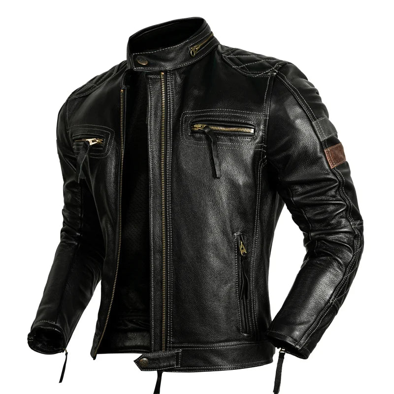 Black Winter Leather Jacket Men Motorcycle Style Plus Size 6XL Genuine Natural Cowhide Stand Collar Add Protection Device Coat
