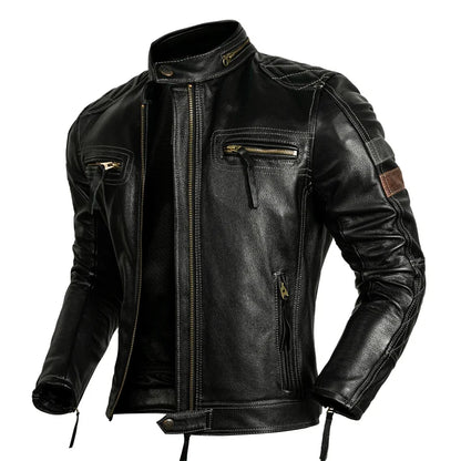 Black Winter Leather Jacket Men Motorcycle Style Plus Size 6XL Genuine Natural Cowhide Stand Collar Add Protection Device Coat