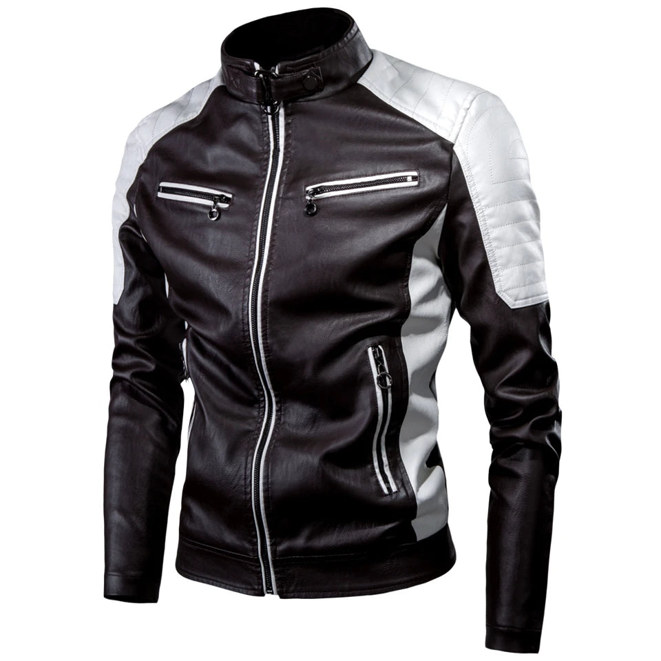 Men Motorcycle Leather Jacket Coat Fur Waterproof Warm Fashion Splicing Vintage Stand Collar Riding Black Long Jacket