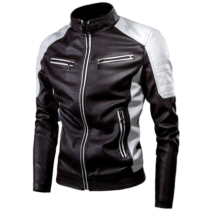 Men Motorcycle Leather Jacket Coat Fur Waterproof Warm Fashion Splicing Vintage Stand Collar Riding Black Long Jacket