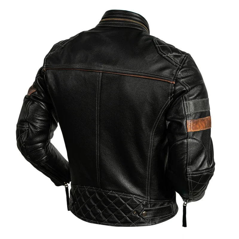 Black Winter Leather Jacket Men Motorcycle Style Plus Size 6XL Genuine Natural Cowhide Stand Collar Add Protection Device Coat