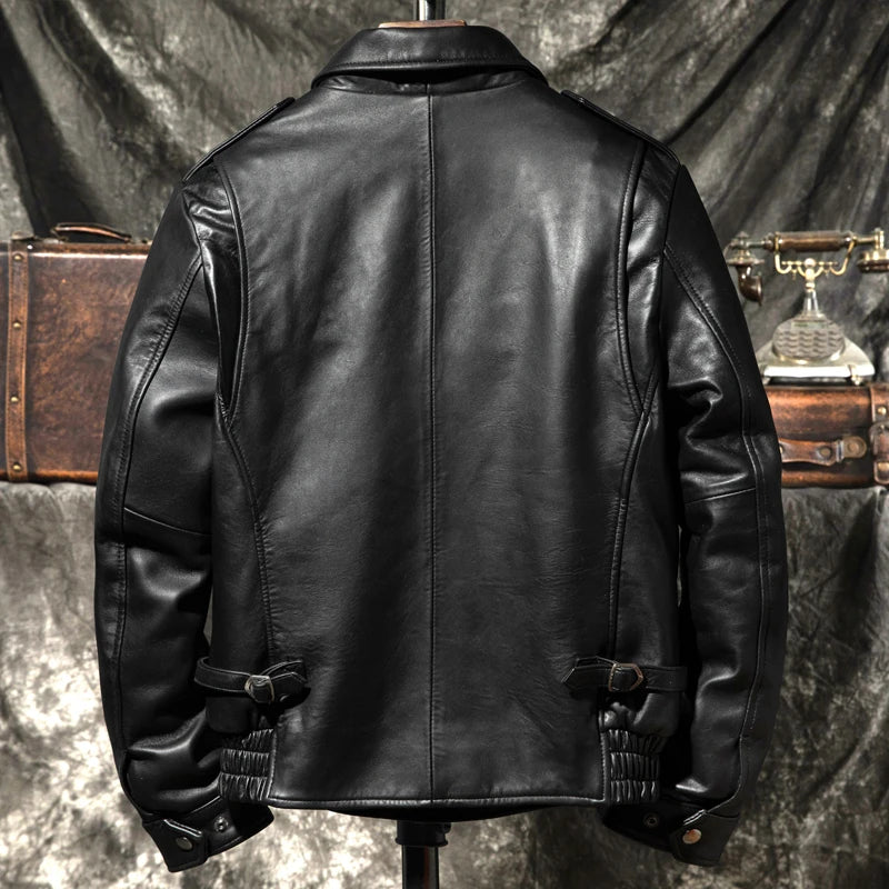 Black Winter Leather Jacket Men Sports Style Plus Size 5XL Genuine Natural Thick Sheepskin Turn-Down Collar Mounted Police Coat