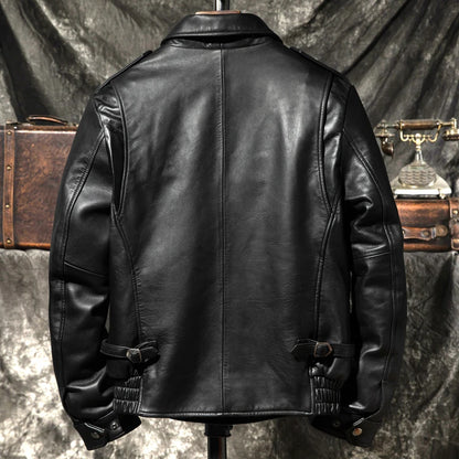 Black Winter Leather Jacket Men Sports Style Plus Size 5XL Genuine Natural Thick Sheepskin Turn-Down Collar Mounted Police Coat