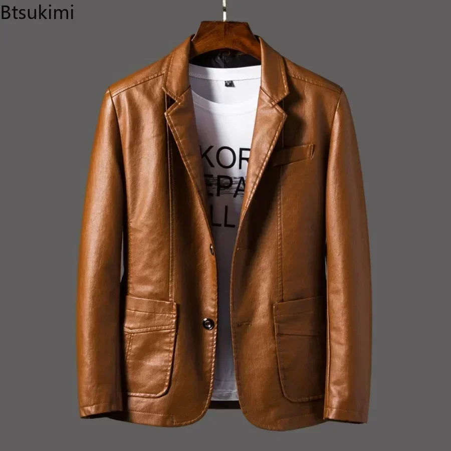 2026 Men's Leather Jackets Lapel Business Leather Jackets Men Pu Blazers Korean Style Slim Fashion Leather Coat Plus Size M-6XL