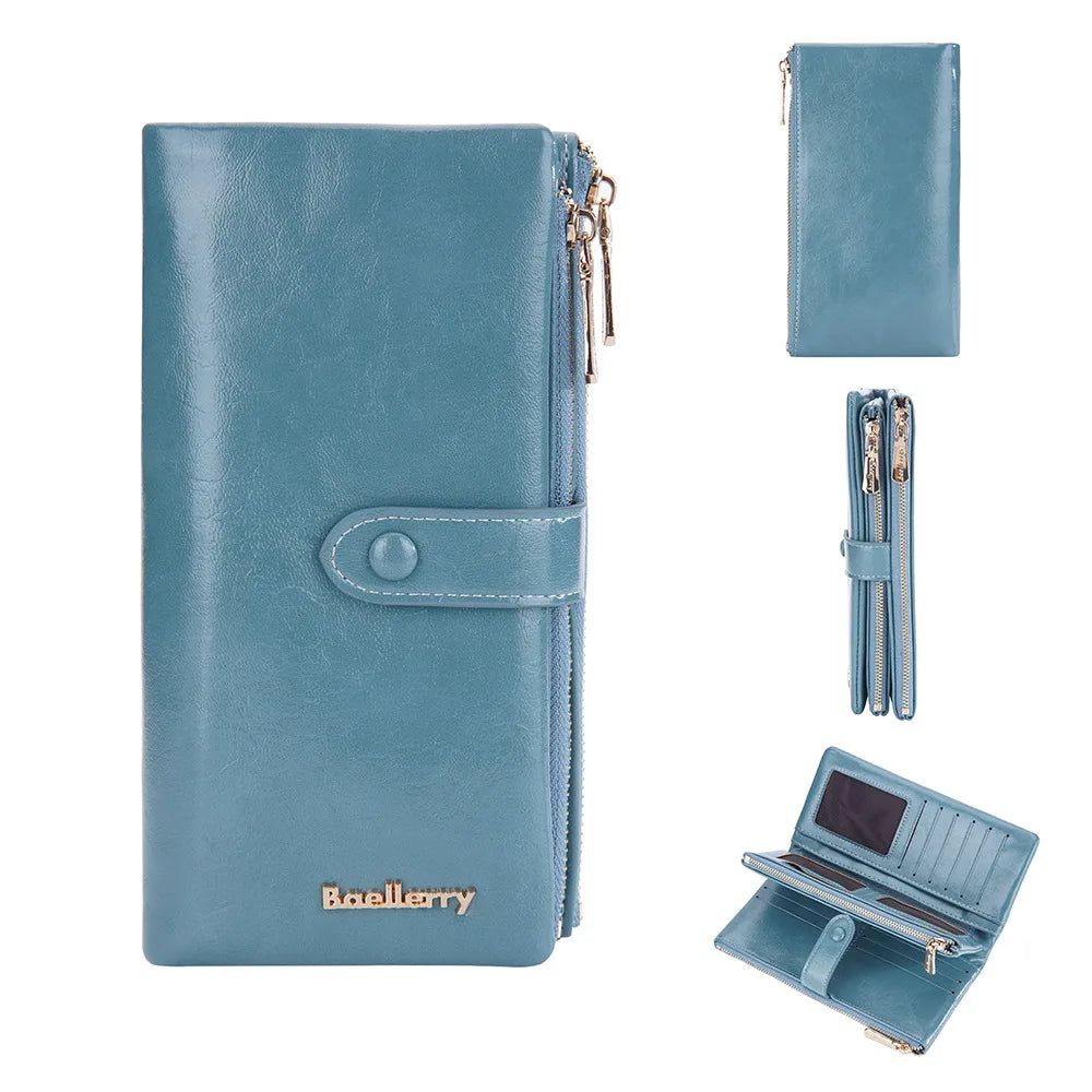 Oil Wax Leather Women's Long Wallet With Double Zipper Buckle Large Capacity Clutch Bag Multi-Card Holder