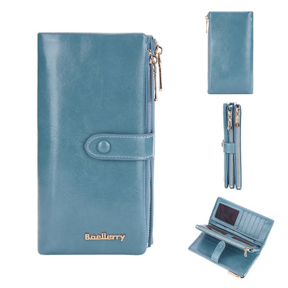 Oil Wax Leather Women's Long Wallet With Double Zipper Buckle Large Capacity Clutch Bag Multi-Card Holder
