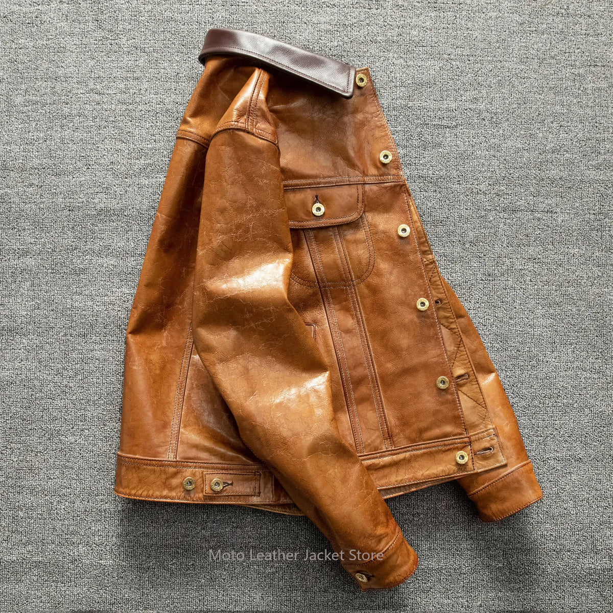 Men's First Layer Goatskin Storm Rider Leather Jacket Lapel Short Denim Style Genuine Leather Coat Plus Size