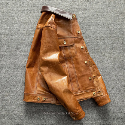 Men's First Layer Goatskin Storm Rider Leather Jacket Lapel Short Denim Style Genuine Leather Coat Plus Size