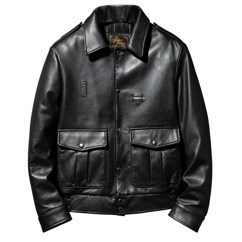 Black Winter Leather Jacket Men Sports Style Plus Size 5XL Genuine Natural Thick Sheepskin Turn-Down Collar Mounted Police Coat