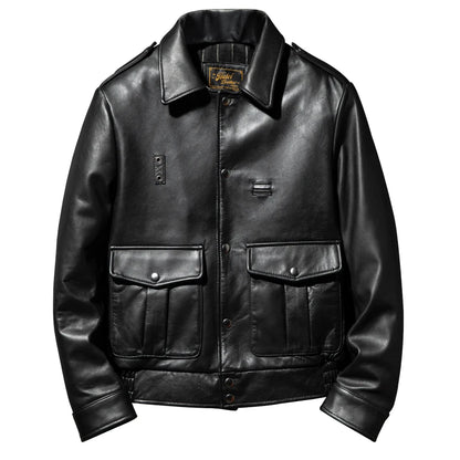 Black Winter Leather Jacket Men Sports Style Plus Size 5XL Genuine Natural Thick Sheepskin Turn-Down Collar Mounted Police Coat