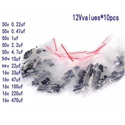 120pcs Electrolytic Capacitor  Aluminum Electrolytic Capacitor Kit 12 Values 1uF-470uF DIP Electrolyte Capacitors