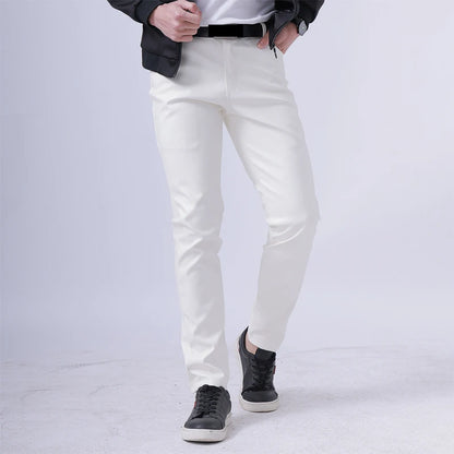 Men Leather Pants Skinny Fit Elastic Fashion PU Leather Trousers Wet Look Stretch Faux Leather Motorcycle Pants Thin Streetwear
